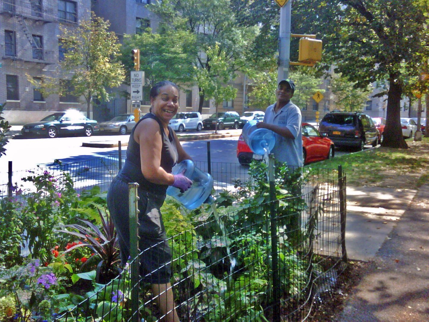 Volunteer and Gardener work together to water a garden on 149th Street and Riverside Drive